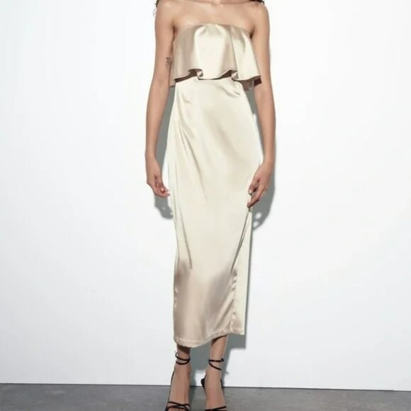 NWT Zara Limited Edition Strapless Satin Effect Ruffled Dress.  SZ XS. - Picture 1 of 9